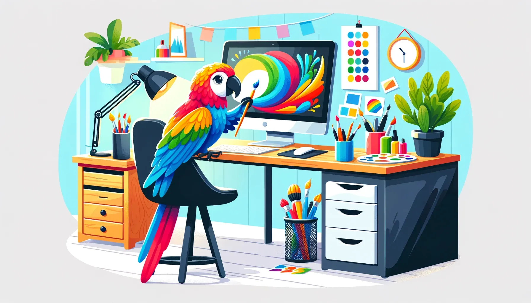 AI generated art of a parrot painting on a computer screen